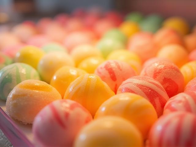 Bunte Bonbons in einer Glasvitrine