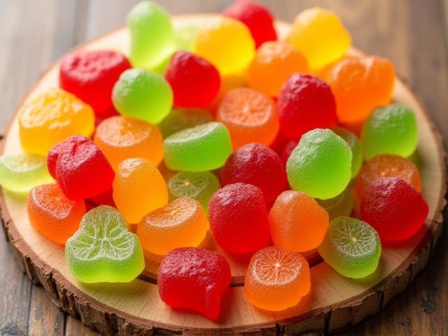 Fruchtgummis in verschiedenen Farben und Formen auf einem Holzbrett